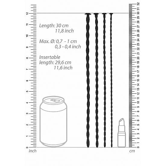 Diagram comparing sizes of four long, thin silicone spiral plugs from the Shots Ouch Advanced Urethral Sounding Set with a soda can and lipstick. The plugs, about 30 cm (11.8 inches) long, have diameters from 0.7 to 1 cm, with measurement rulers on both sides for precision. Brand: Adams Toy Box.