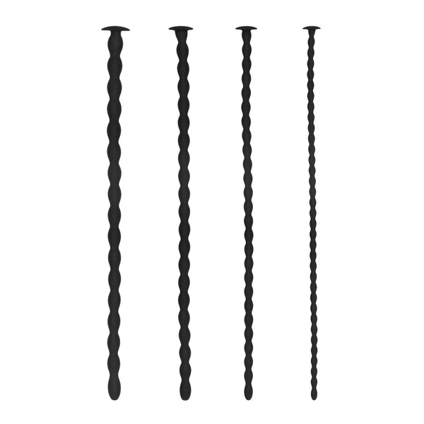 The white background showcases four black twisted spiral stakes of varying heights, resembling textured silicone spiral plugs. The product is the Shots Ouch Advanced Urethral Sounding Silicone Spiral Plug Set by Adams Toy Box.