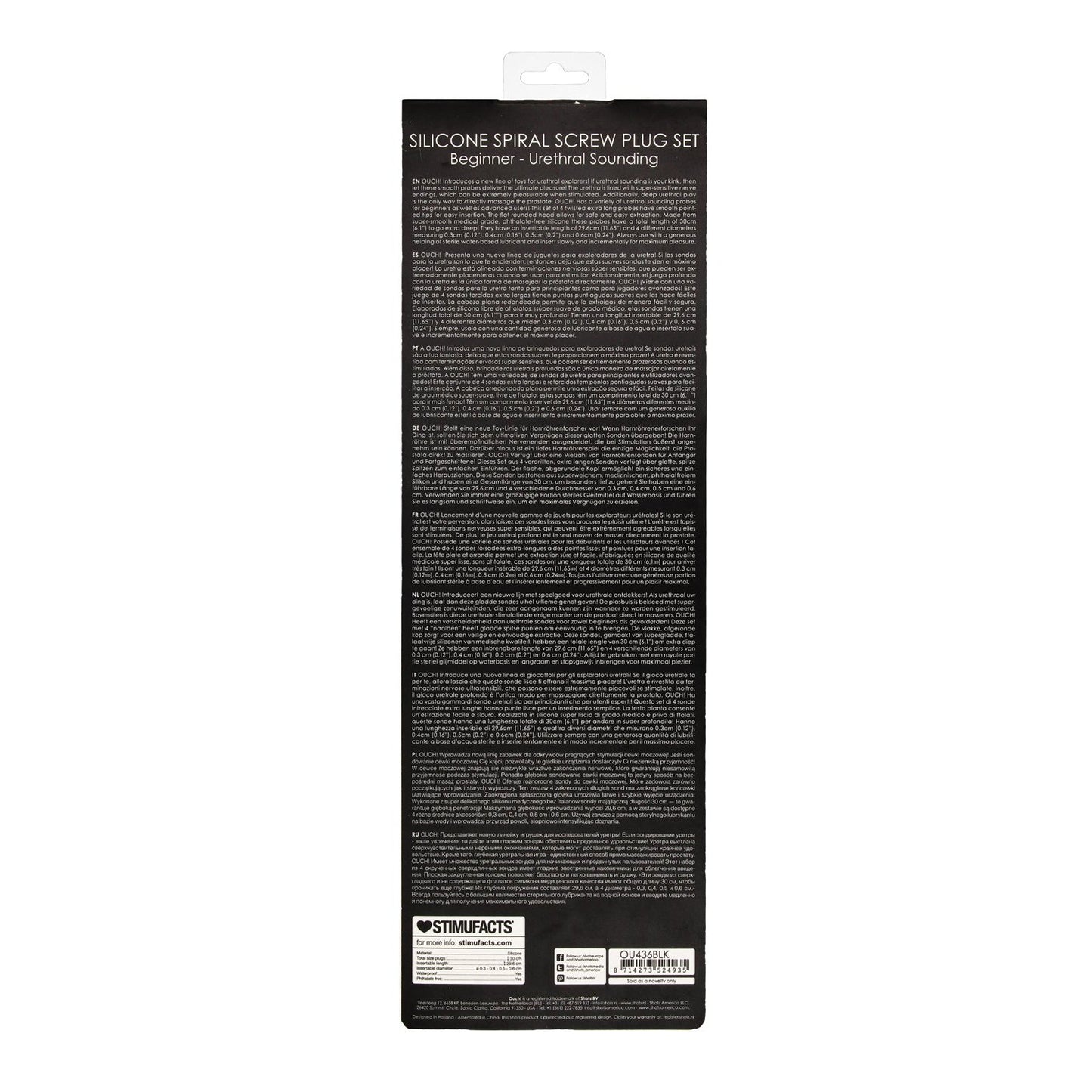 The image shows the packaging of the Shots Ouch Beginner Urethral Sounding Silicone Spiral Screw Plug Set, tailored for novices. The package provides detailed product information and usage instructions on a sleek black background.