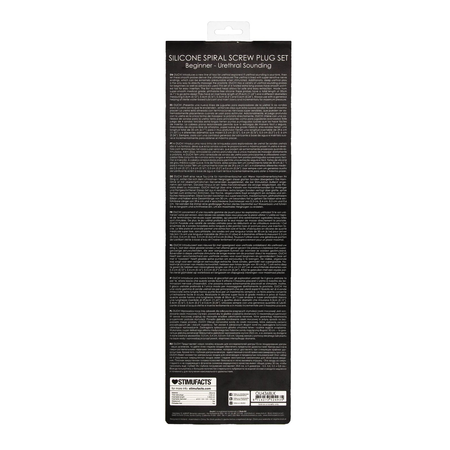 The image shows the packaging of the Shots Ouch Beginner Urethral Sounding Silicone Spiral Screw Plug Set, tailored for novices. The package provides detailed product information and usage instructions on a sleek black background.