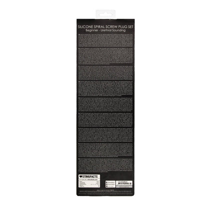 The image shows the packaging of the Shots Ouch Beginner Urethral Sounding Silicone Spiral Screw Plug Set, tailored for novices. The package provides detailed product information and usage instructions on a sleek black background.