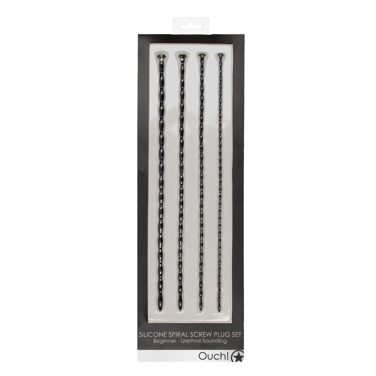 The Shots Ouch Beginner Urethral Sounding Silicone Spiral Screw Plug Set includes four silicone spiral plugs, varying in length and diameter, perfect for beginners. They are packaged vertically and feature the Shots Ouch branding prominently.