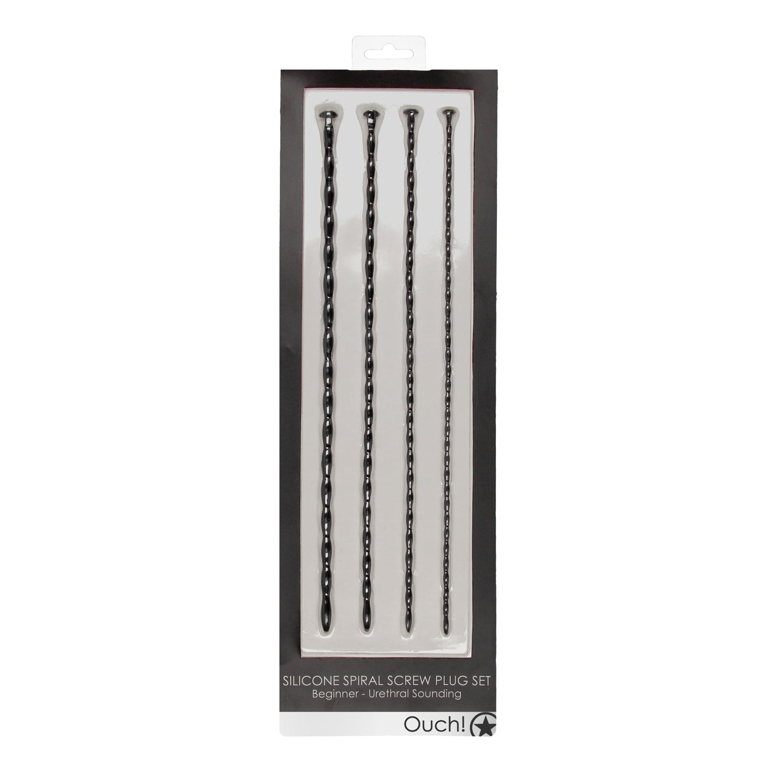 The Shots Ouch Beginner Urethral Sounding Silicone Spiral Screw Plug Set includes four silicone spiral plugs, varying in length and diameter, perfect for beginners. They are packaged vertically and feature the Shots Ouch branding prominently.