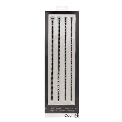 The Shots Ouch Beginner Urethral Sounding Silicone Spiral Screw Plug Set includes four silicone spiral plugs, varying in length and diameter, perfect for beginners. They are packaged vertically and feature the Shots Ouch branding prominently.