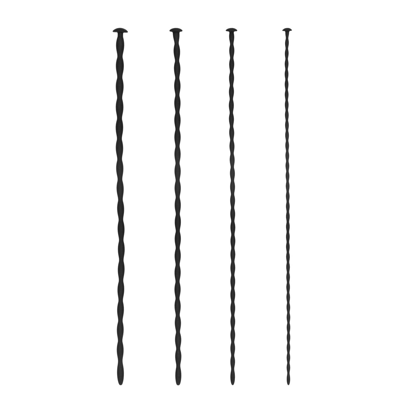 Five silicone spiral plugs of varying heights and widths are lined up vertically against a plain white background, resembling the Shots Ouch Beginner Urethral Sounding Set.
