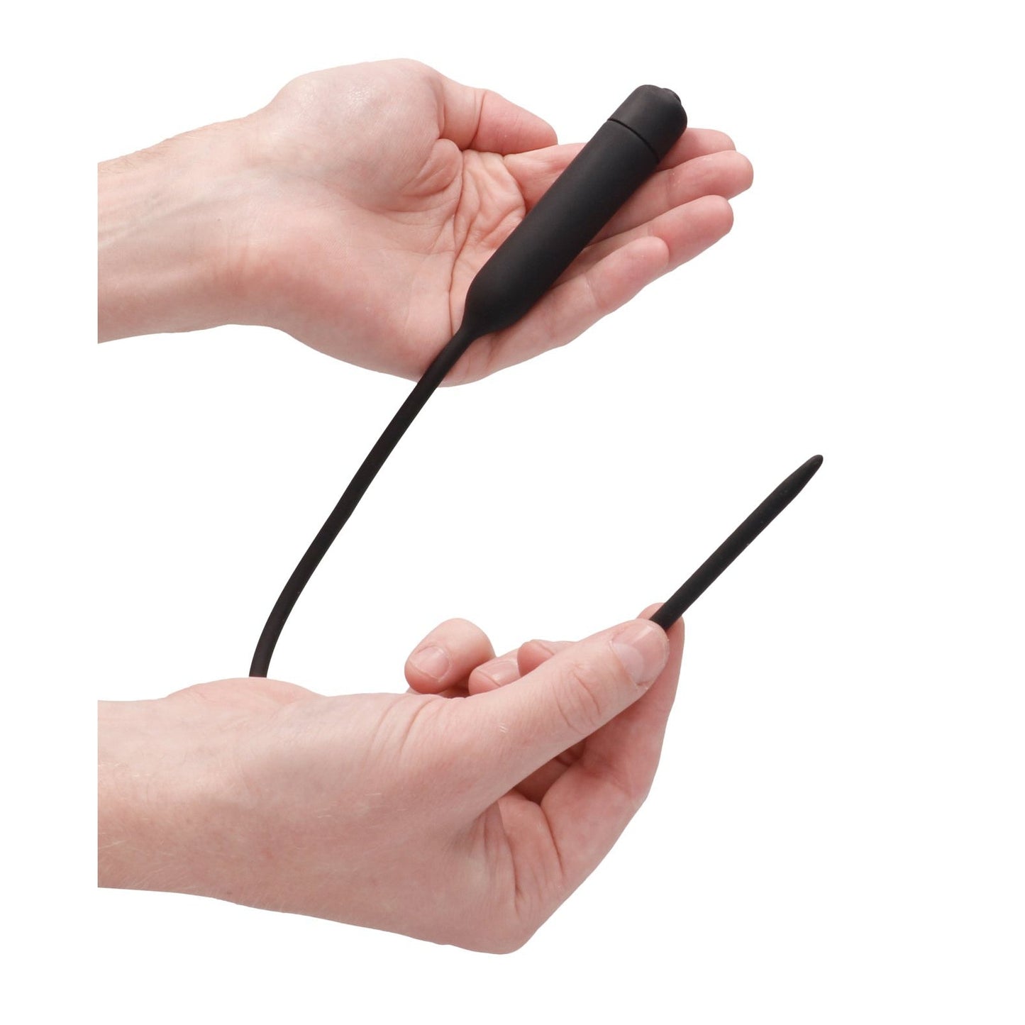 Two hands are holding a sleek, silicone vibrating bullet plug by Shots Ouch, featuring an elongated design with a flexible rod connected to a larger grip.