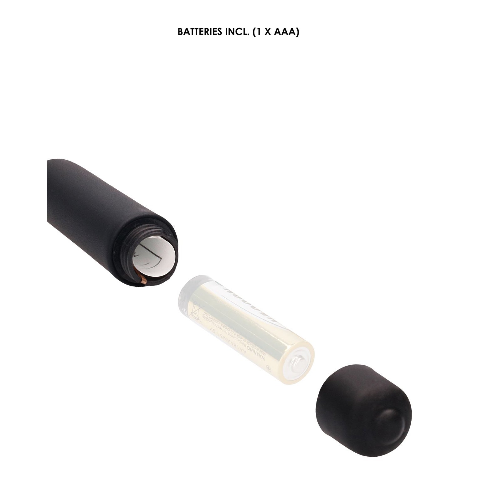 The Shots Ouch Extra Long Urethral Sounding Silicone Vibrating Bullet Plug, a black cylindrical device, is shown with its cap removed to reveal an empty battery compartment and an AAA battery separately labeled BATTERIES INCL. (1 X AAA).