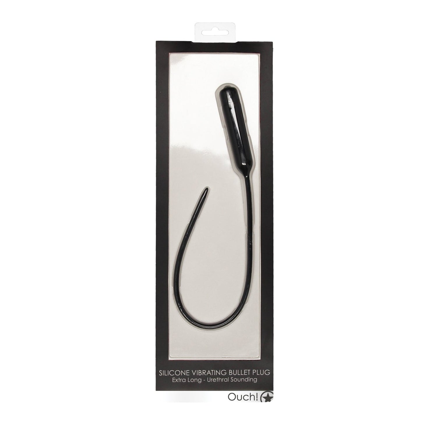 The Shots Ouch Extra Long Urethral Sounding Silicone Vibrating Bullet Plug is presented in a rectangular box with a clear front, prominently displaying the Ouch brand and promising heightened sensations and unparalleled comfort.