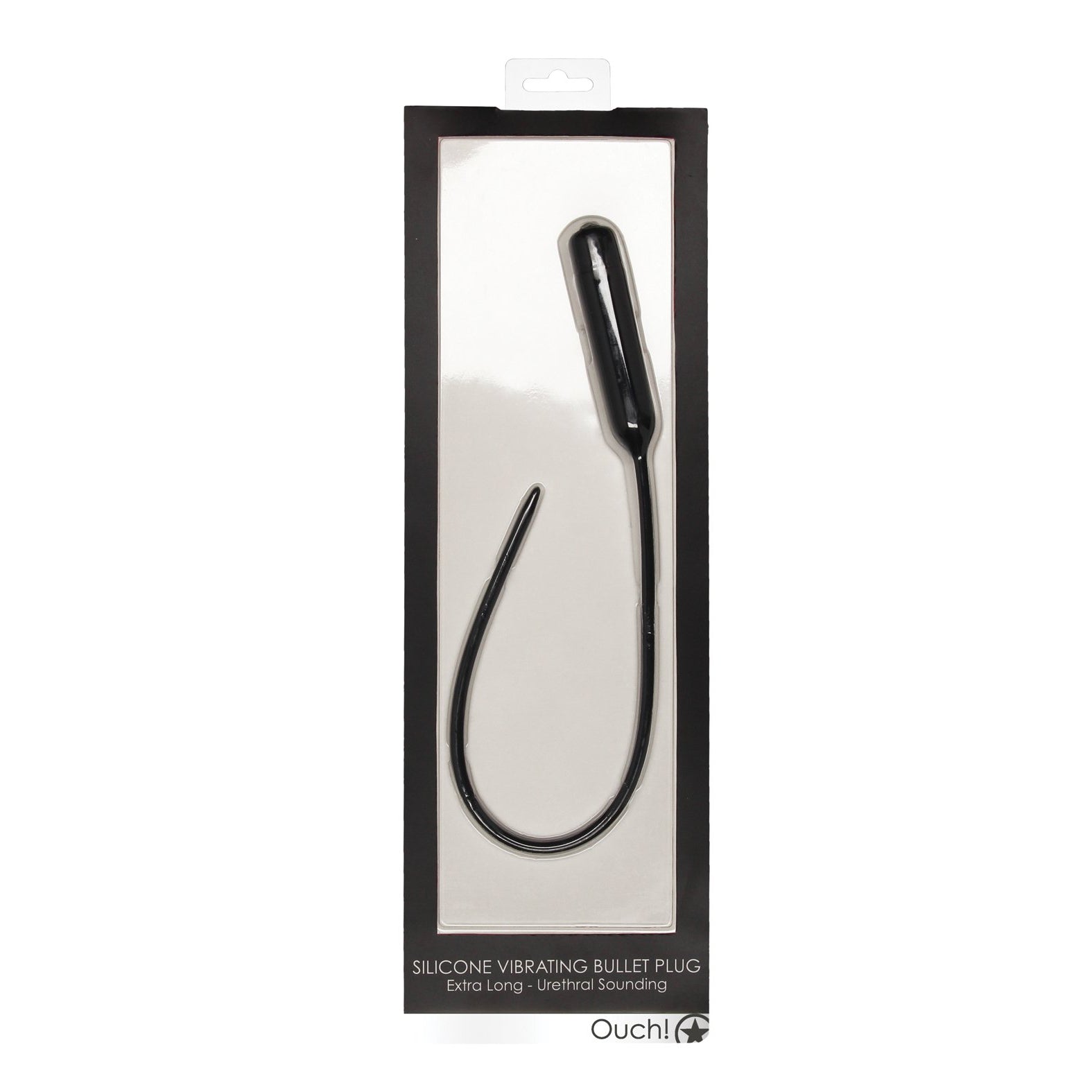 The Shots Ouch Extra Long Urethral Sounding Silicone Vibrating Bullet Plug is presented in a rectangular box with a clear front, prominently displaying the Ouch brand and promising heightened sensations and unparalleled comfort.