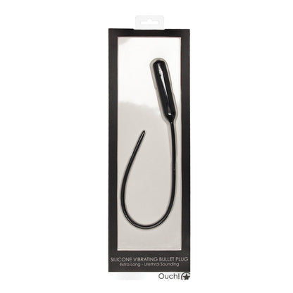 The Shots Ouch Extra Long Urethral Sounding Silicone Vibrating Bullet Plug is presented in a rectangular box with a clear front, prominently displaying the Ouch brand and promising heightened sensations and unparalleled comfort.