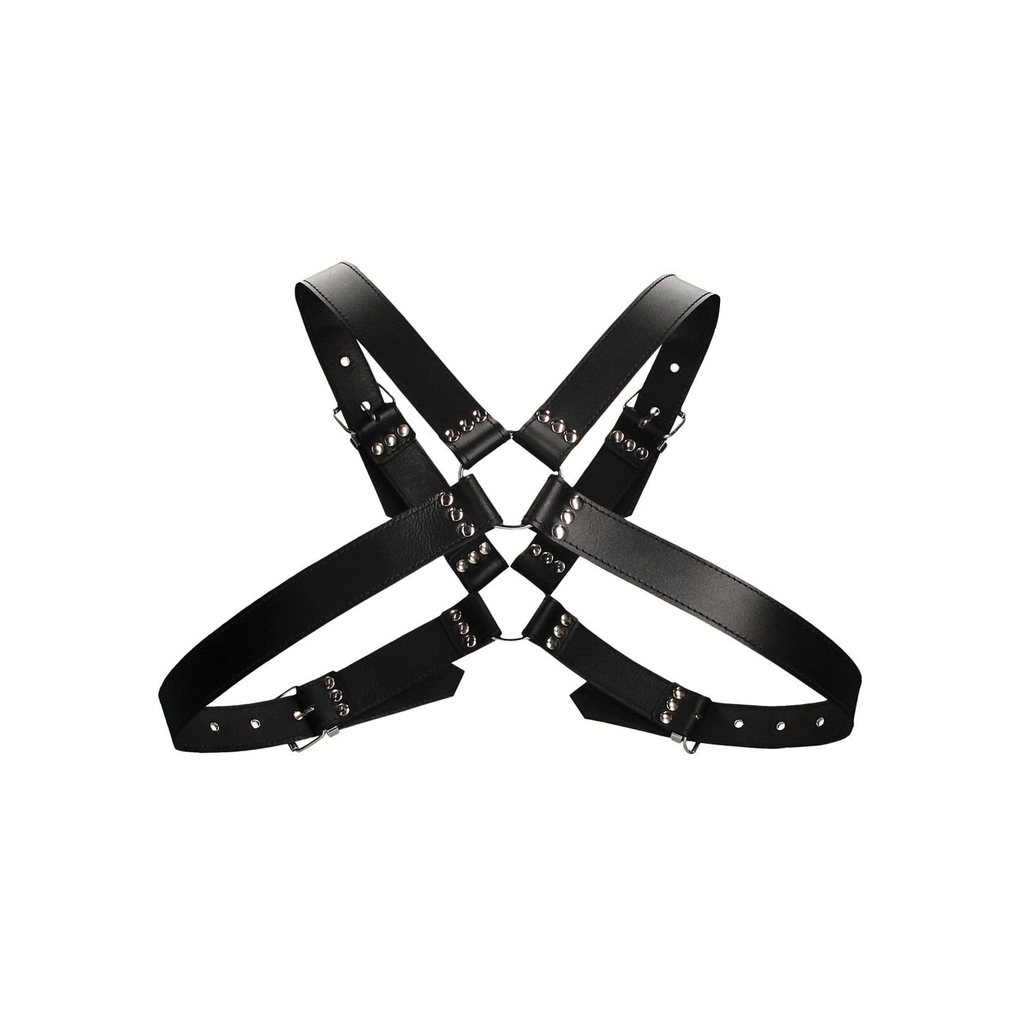 The Shots Ouch Mens Large Buckle Harness is a black BDSM harness made from bonded leather, featuring an intricate crisscross design with silver studs and buckles in a geometric pattern.