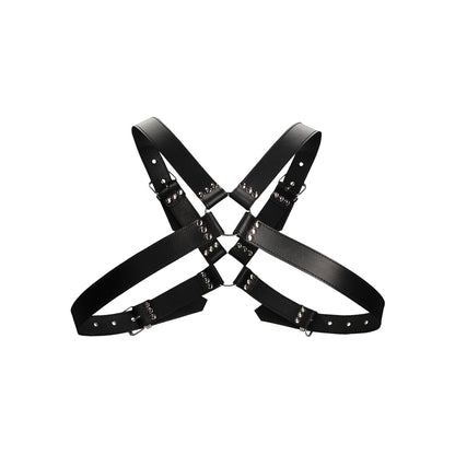 The Shots Ouch Mens Large Buckle Harness is a black BDSM harness made from bonded leather, featuring an intricate crisscross design with silver studs and buckles in a geometric pattern.