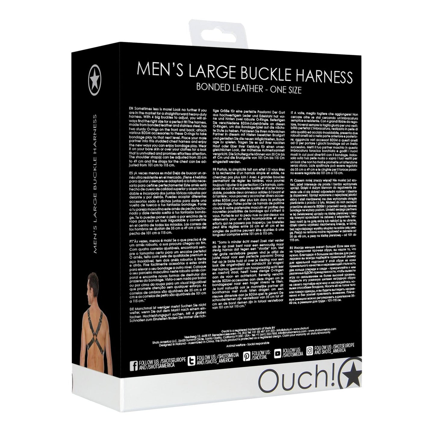 A black and white rectangular box displays the Shots Ouch Mens Large Buckle Harness, a premium BDSM accessory. Featuring a man wearing it, the brand name Shots Ouch with a star logo appears at the bottom—an essential in BDSM accessories.