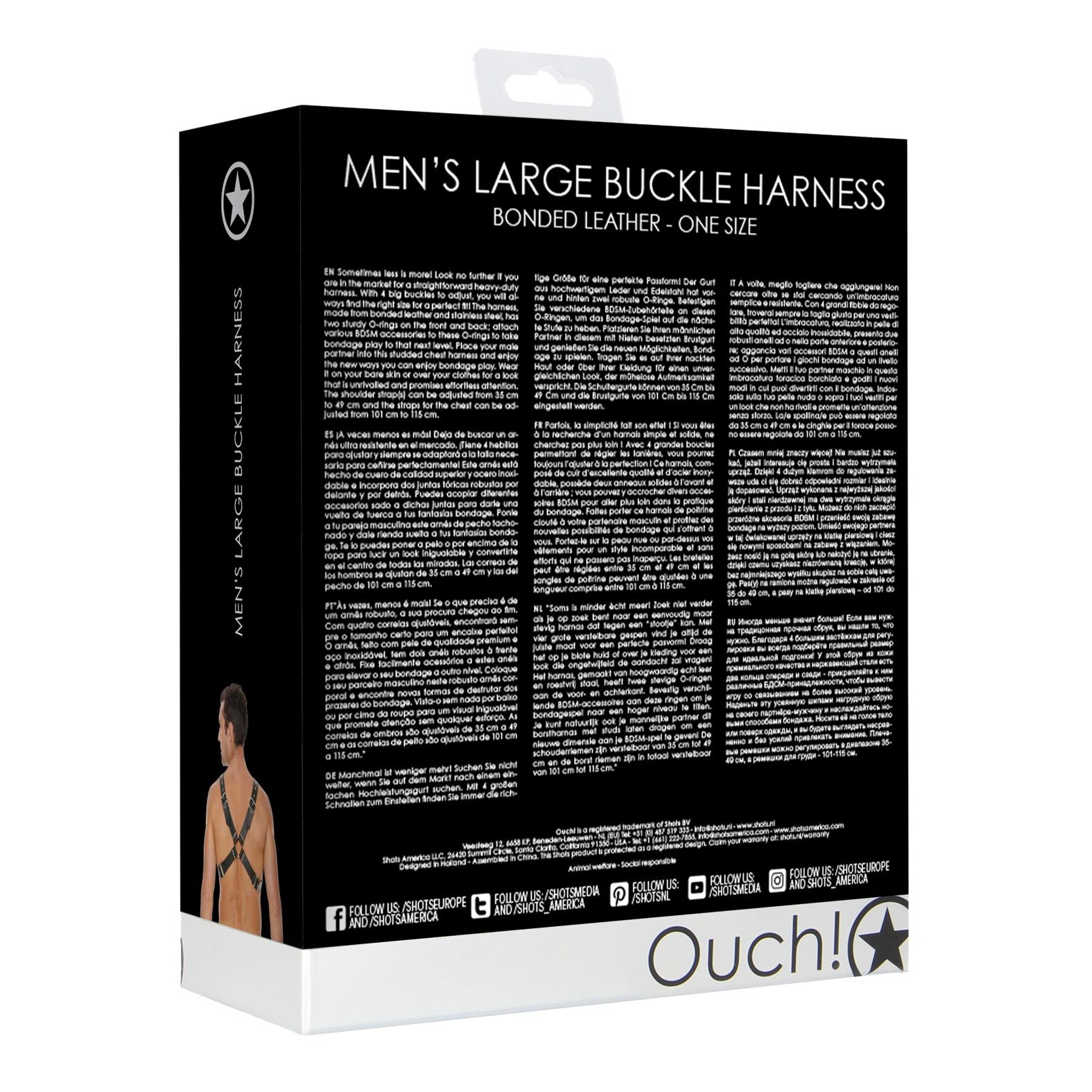 A black and white rectangular box displays the Shots Ouch Mens Large Buckle Harness, a premium BDSM accessory. Featuring a man wearing it, the brand name Shots Ouch with a star logo appears at the bottom—an essential in BDSM accessories.