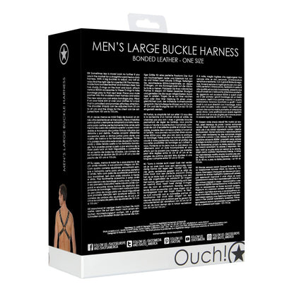 A black and white rectangular box displays the Shots Ouch Mens Large Buckle Harness, a premium BDSM accessory. Featuring a man wearing it, the brand name Shots Ouch with a star logo appears at the bottom—an essential in BDSM accessories.