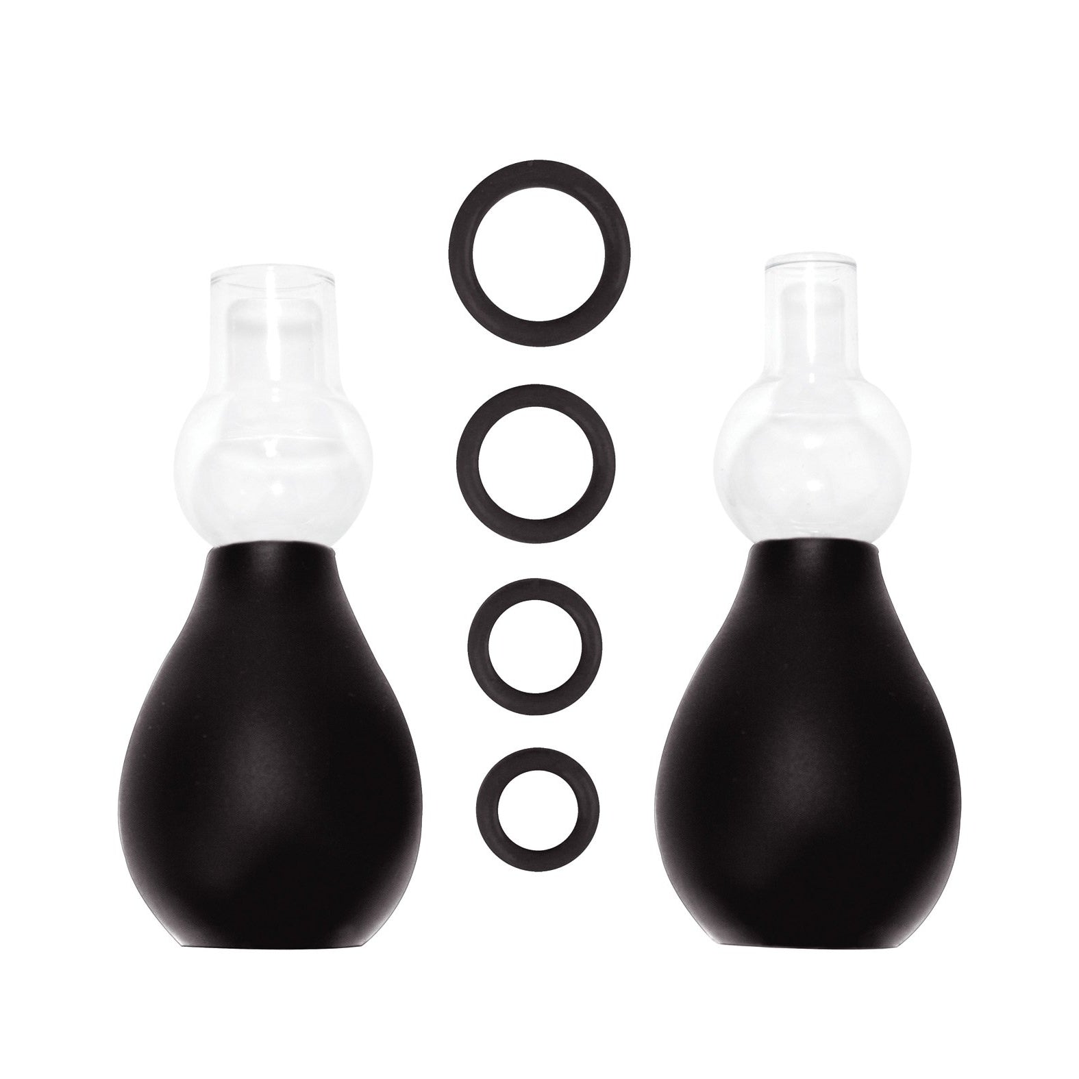The Shots Ouch Nipple Erector Set – Black includes two black squeeze bulbs with transparent nozzle tops, and four vertically arranged black O-rings in varying sizes.