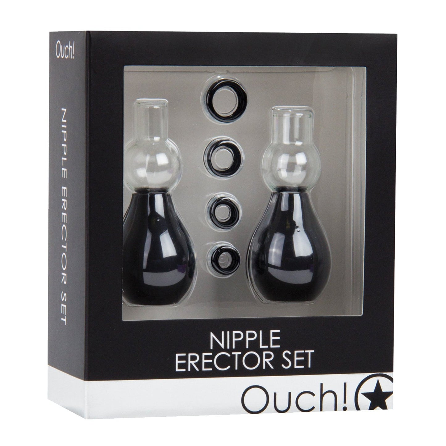 Box with Shots Ouch Nipple Erector Set – Black includes two pumps and four silicone rings, branded Shots Ouch.