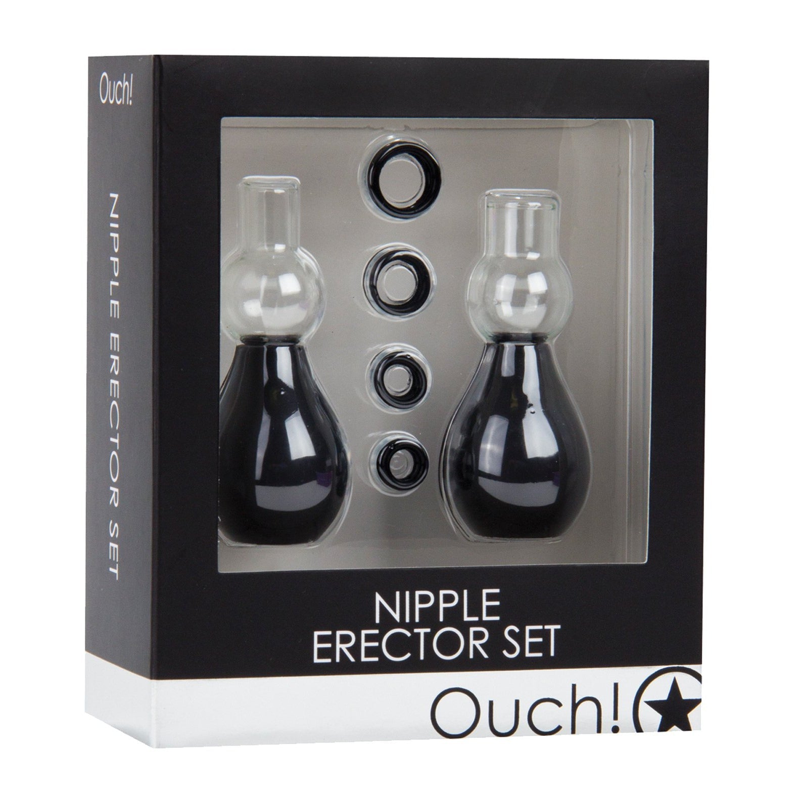 Box with Shots Ouch Nipple Erector Set – Black includes two pumps and four silicone rings, branded Shots Ouch.