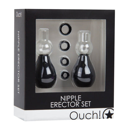 Box with Shots Ouch Nipple Erector Set – Black includes two pumps and four silicone rings, branded Shots Ouch.