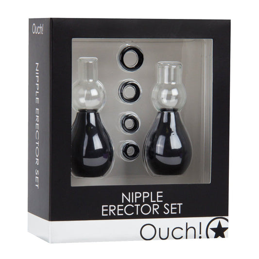 Box with Shots Ouch Nipple Erector Set – Black includes two pumps and four silicone rings, branded Shots Ouch.
