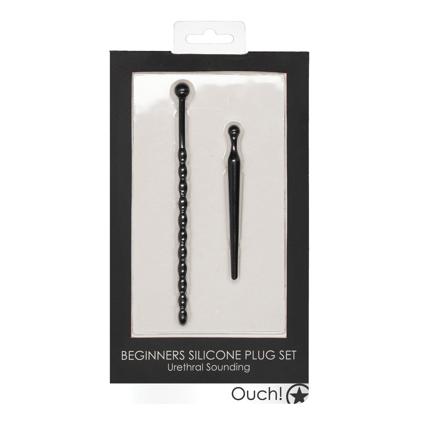 The Shots Ouch Urethral Sounding Beginners Silicone Plug Set by Adams Toy Box includes two black silicone plugs for beginners.