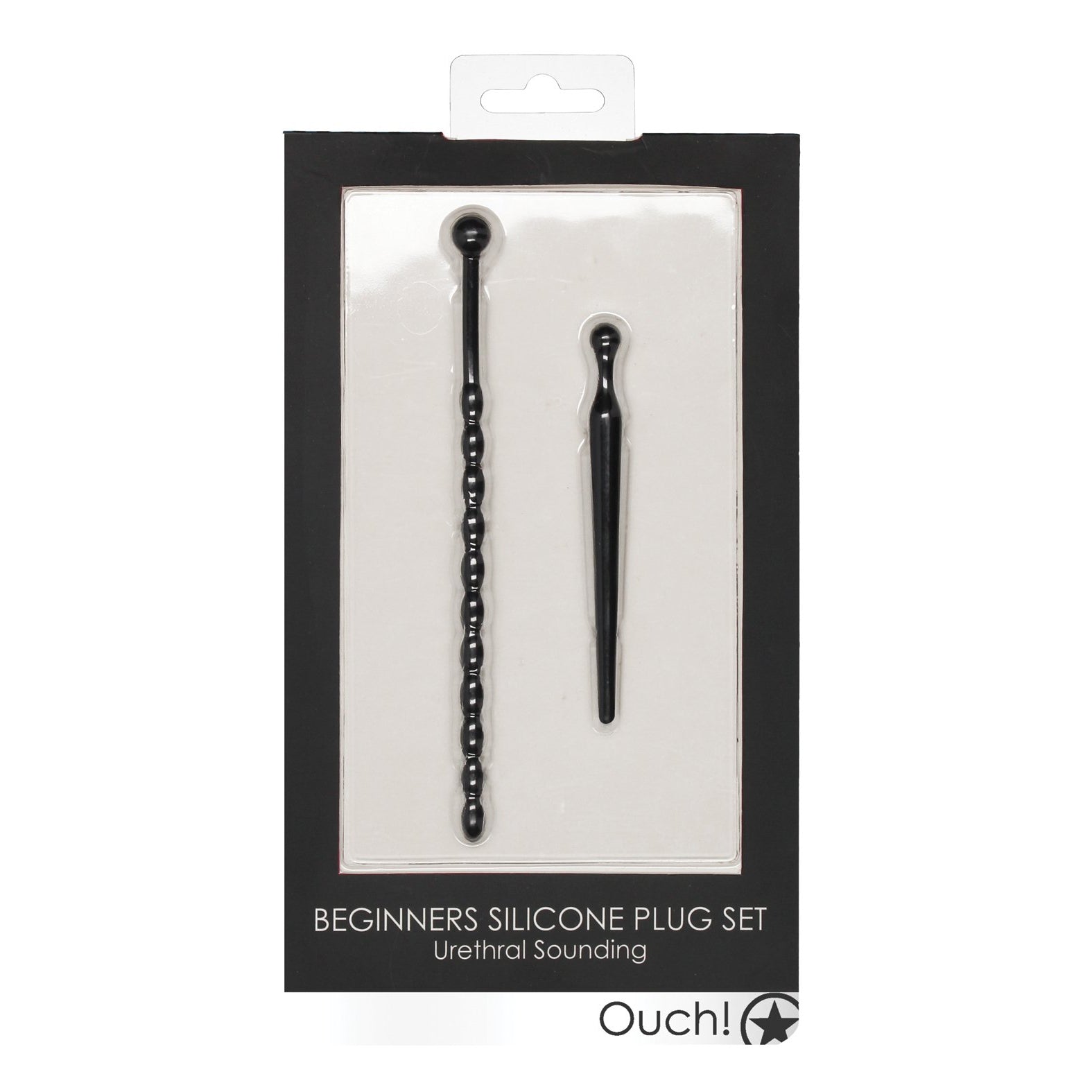 The Shots Ouch Urethral Sounding Beginners Silicone Plug Set by Adams Toy Box includes two black silicone plugs for beginners.