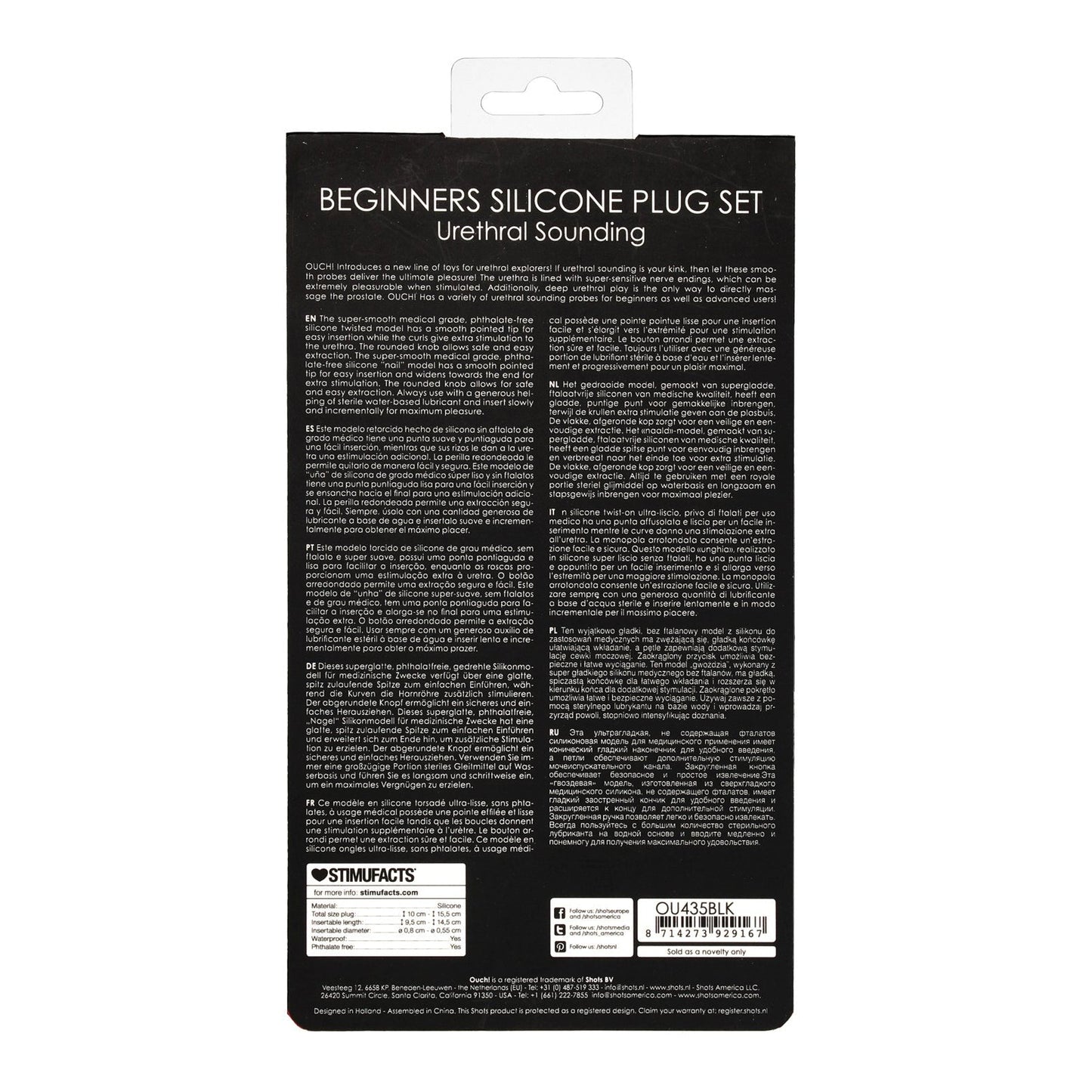 Discover the Shots Ouch Urethral Sounding Beginners Silicone Plug Set by Adams Toy Box, a beginner-friendly kit. Packaged elegantly, it features comprehensive instructions and important details in clear white text on a striking black backdrop.