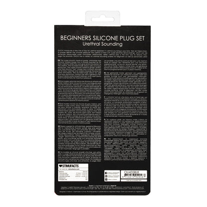 Discover the Shots Ouch Urethral Sounding Beginners Silicone Plug Set by Adams Toy Box, a beginner-friendly kit. Packaged elegantly, it features comprehensive instructions and important details in clear white text on a striking black backdrop.