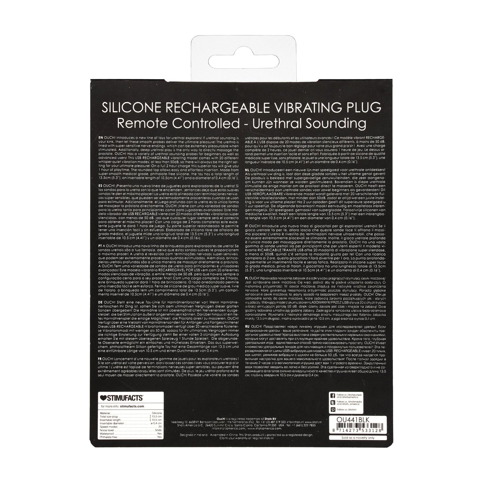 Experience the ultimate thrill with Shots Ouch Urethral Sounding Silicone Remote Controlled Vibrating Plug. This rechargeable plug includes a remote control, multilingual instructions, and integrated urethral sounding. Detailed product info and barcode are available at the bottom.