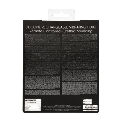 Experience the ultimate thrill with Shots Ouch Urethral Sounding Silicone Remote Controlled Vibrating Plug. This rechargeable plug includes a remote control, multilingual instructions, and integrated urethral sounding. Detailed product info and barcode are available at the bottom.