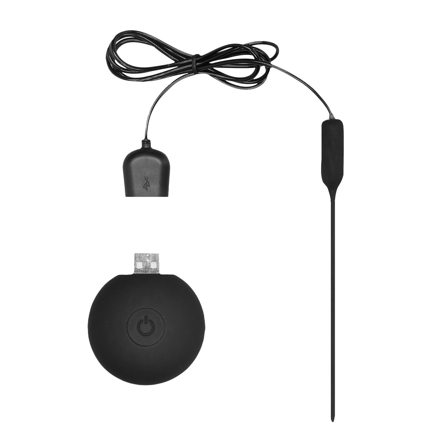 The Shots Ouch Urethral Sounding Silicone Remote Controlled Vibrating Plug is a sleek black device with a circular base featuring a power button, connected to a long antenna via cable. This rechargeable gadget ends in a USB plug for modern convenience.