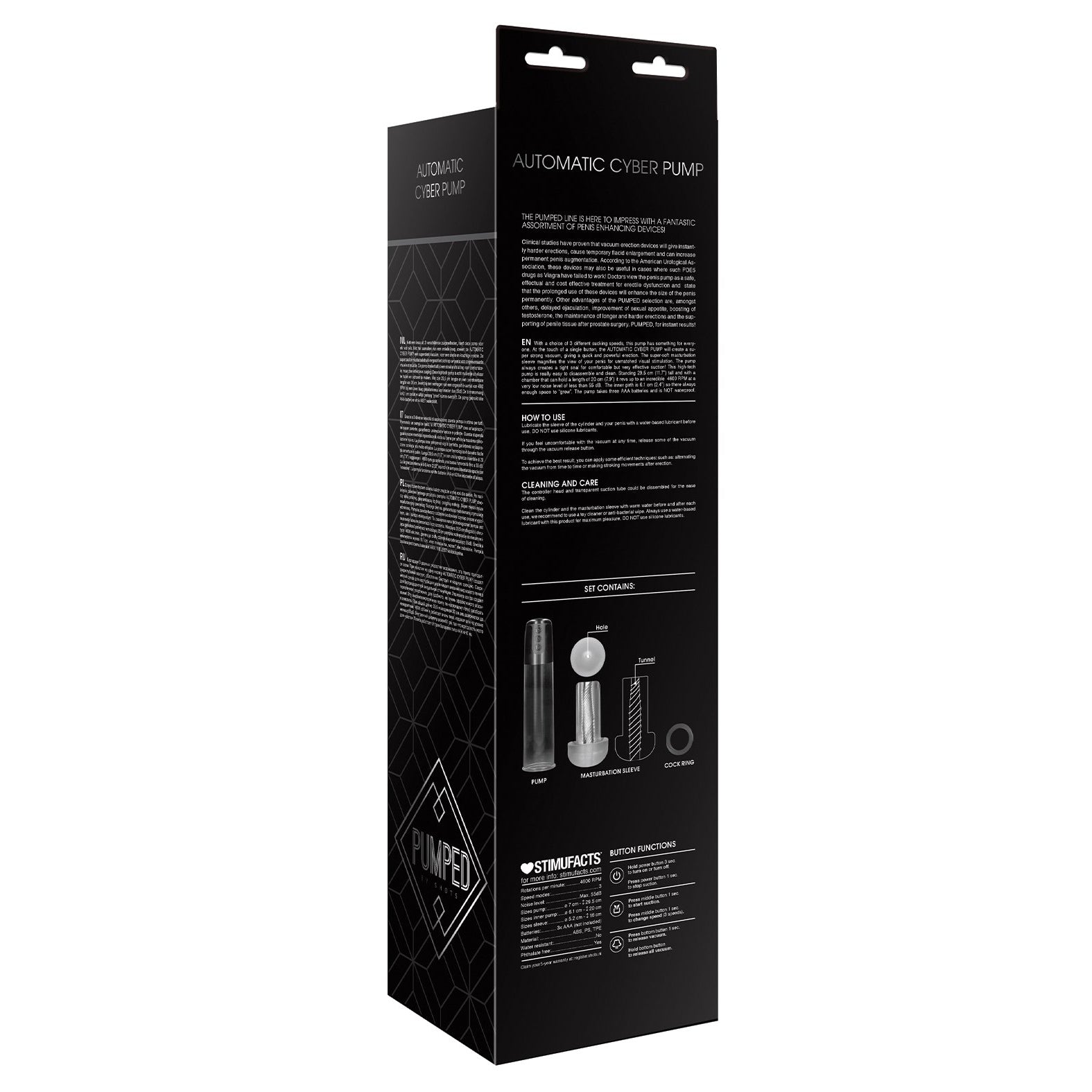 The image displays a sleek, tall black box for the Shots Pumped Automatic Cyber Pump Masturbation Sleeve w/ Free Silicone Cock Ring, featuring white text detailing specs, illustrations of pump components, and clear usage and care sections. The minimalist white background highlights its modern design.