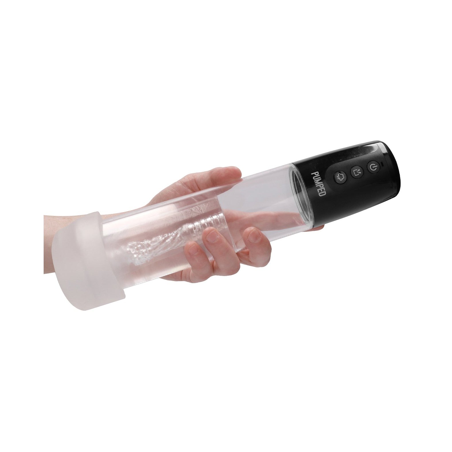 A hand holding a transparent cylindrical device with a black top featuring three buttons and a soft white base, resembling the Shots Pumped Automatic Cyber Pump Masturbation Sleeve with Silicone Cock Ring.