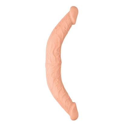 The Shots RealRock 14 Double Dong by Shots is a flesh-colored, double-headed dildo made from soft silicone, featuring a curved banana-like shape with intricate surface details against a white background.