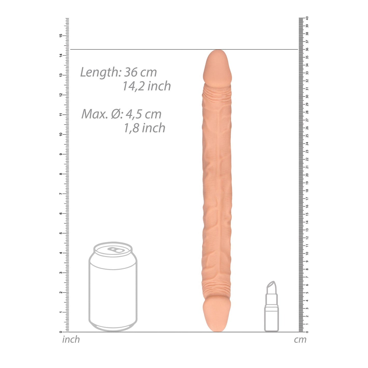 The Shots RealRock 14 Double Dong in Flesh, crafted from soft silicone and measured at 36 cm (14.2 inches) long with a maximum diameter of 4.5 cm (1.8 inches), is displayed on a white background with measurement lines alongside a soda can and lipstick for scale, showcasing its impressive size.