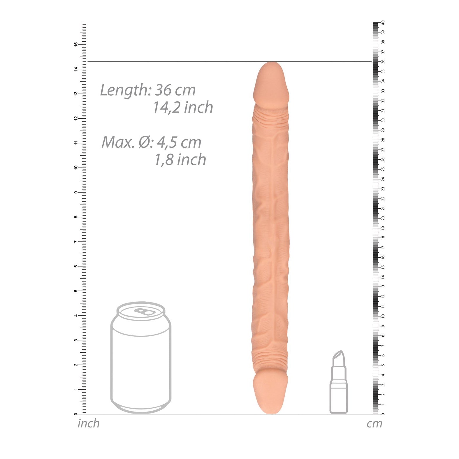 The Shots RealRock 14 Double Dong in Flesh, crafted from soft silicone and measured at 36 cm (14.2 inches) long with a maximum diameter of 4.5 cm (1.8 inches), is displayed on a white background with measurement lines alongside a soda can and lipstick for scale, showcasing its impressive size.