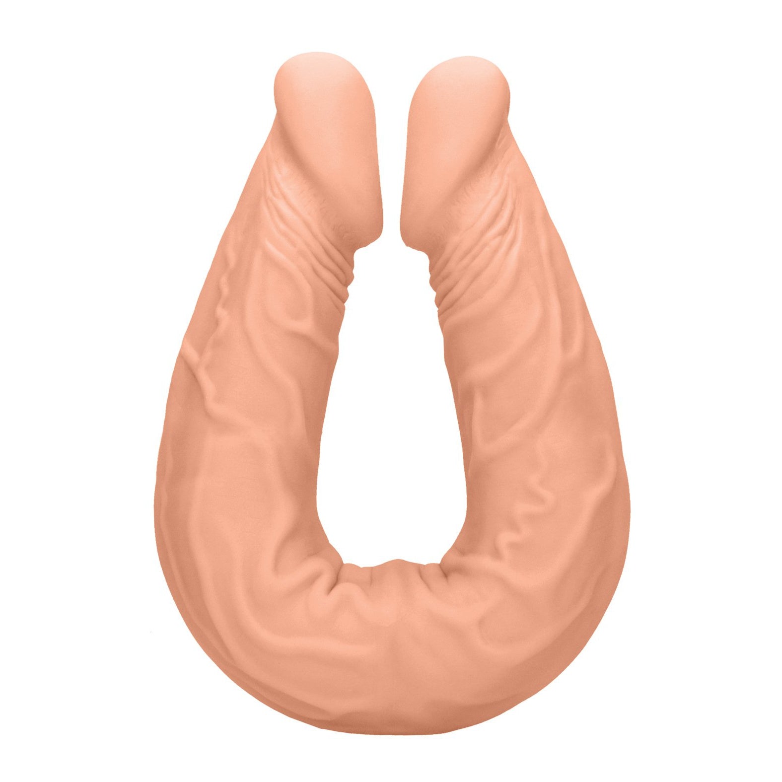 The Shots RealRock 14 Double Dong in Flesh is a U-shaped, flesh-toned sensory toy made from soft silicone, featuring a textured surface and two rounded ends for a dual experience.