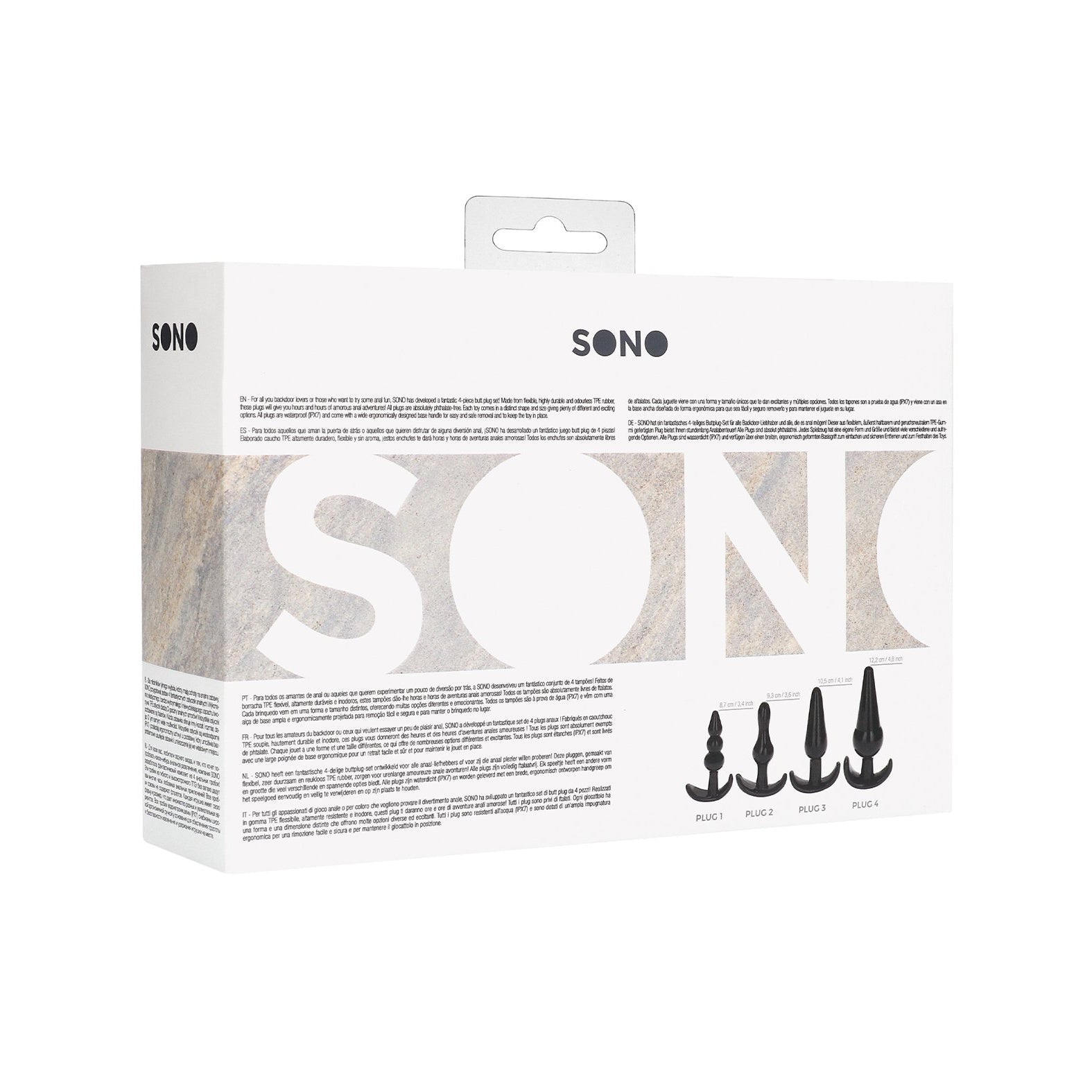 The Shots Sono No. 8 Butt Plug set by Shots Sono comes in a white retail box with an illustration of four black butt plugs labeled Plug 1 to Plug 4, set against a gray textured background. Ideal for beginners, the box features a convenient handle at the top.