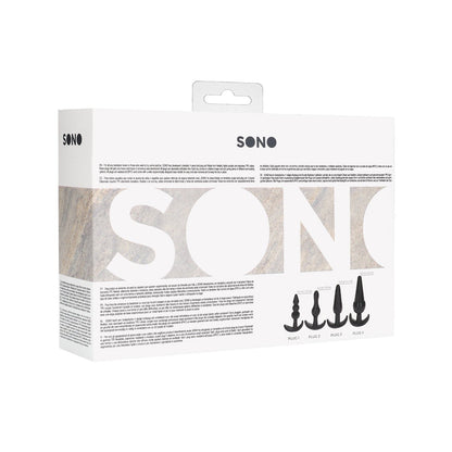 The Shots Sono No. 8 Butt Plug set by Shots Sono comes in a white retail box with an illustration of four black butt plugs labeled Plug 1 to Plug 4, set against a gray textured background. Ideal for beginners, the box features a convenient handle at the top.