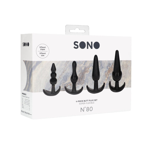 The image shows a Shots Sono No. 8, a 4-piece butt plug set for beginners. The packaging features photos of black plugs in different shapes and sizes for enhanced anal play, with text emphasizing their flexibility.