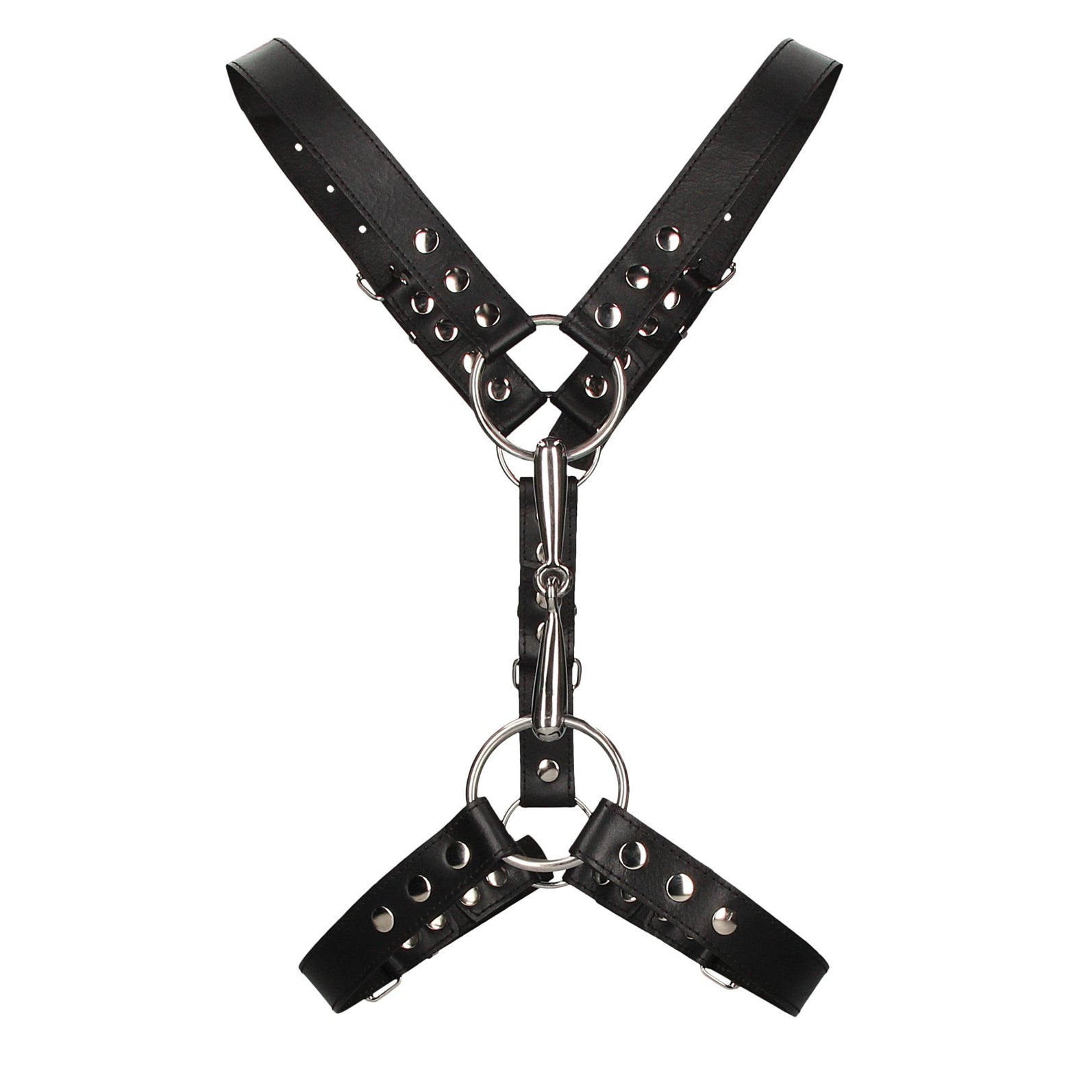 The Shots Ouch Uomo Mens Harness with Metal Bit, featuring metal studs and rings in a Y-shape design, is an ideal addition to your bondage accessory collection.