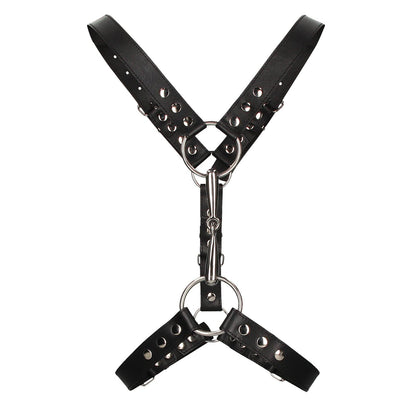 The Shots Ouch Uomo Mens Harness with Metal Bit, featuring metal studs and rings in a Y-shape design, is an ideal addition to your bondage accessory collection.