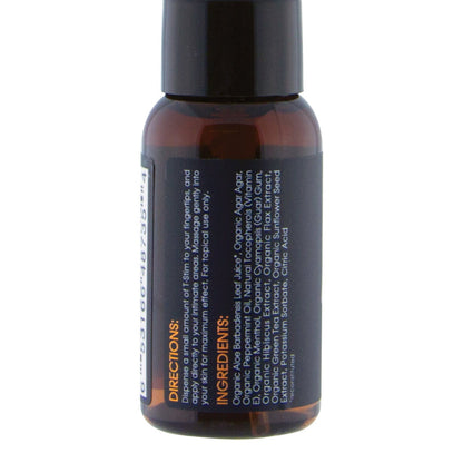 The Sliquid Buck Angel T Stim is a small amber bottle featuring a black label with directions and ingredients lists. It contains oils, extracts, and organic compounds for topical genital wellness in trans men.