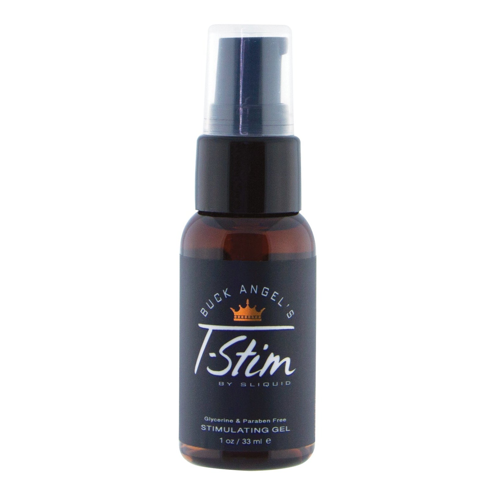 The 1 oz Sliquid Buck Angel T-Stim is a glycerine and paraben-free stimulating gel for genital wellness, designed for trans men. Packaged in a small dark bottle with a pump dispenser, it promotes comfort and relaxation.