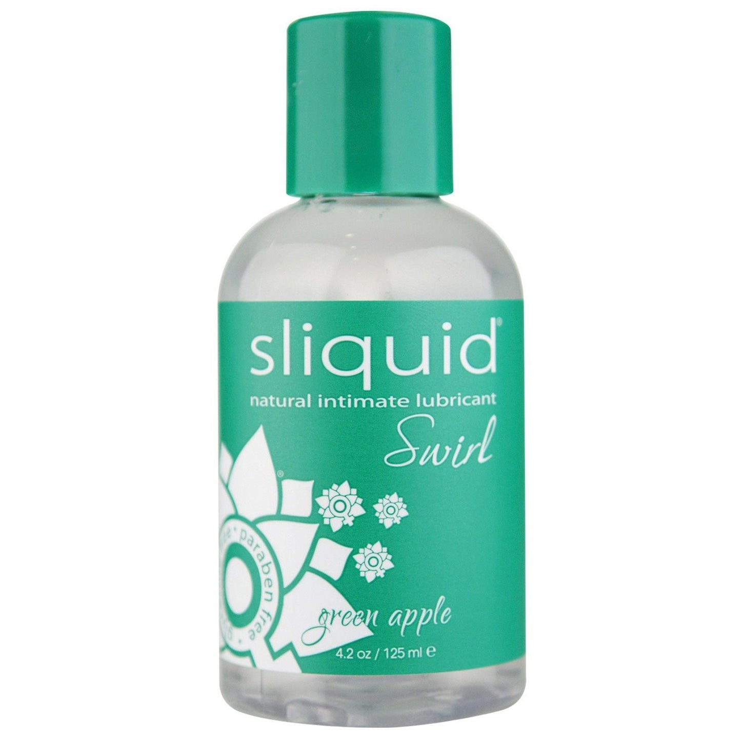 A 4.2 oz bottle of Sliquid Naturals Swirl Lubricant, featuring a vegan-friendly, water-based formula in green apple flavor, packaged in a green bottle adorned with white floral designs and text.