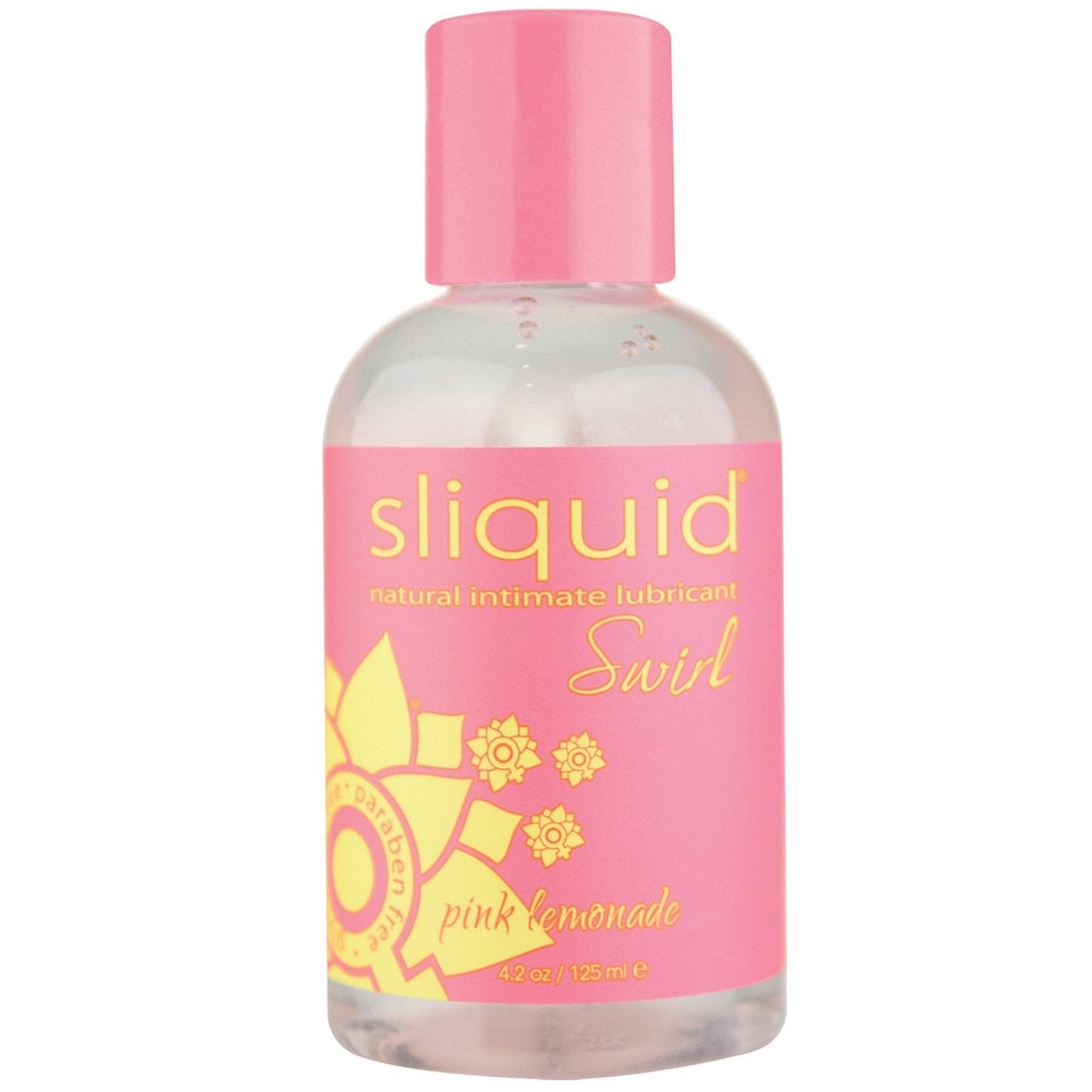 Enjoy the delightful sensation of Sliquid Naturals Swirl Lubricant, a vegan-friendly, pink lemonade-flavored intimate lubricant. This water-based product comes in a charming 4.2 oz pink bottle adorned with a yellow floral design.