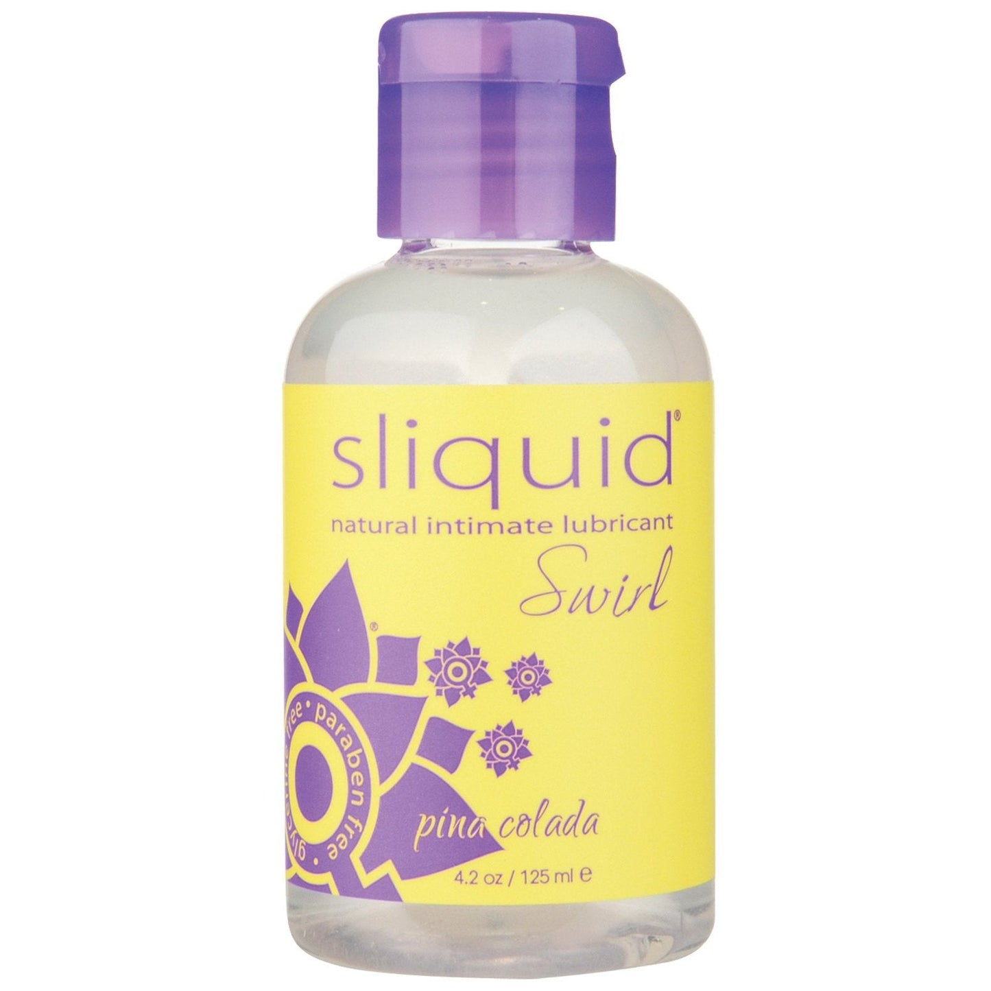 A 4.2 oz bottle of Sliquid Naturals Swirl, a vegan-friendly, water-based lubricant with piña colada flavor. It features a purple cap and a sun design on the yellow label, offering a delightful flavored intimate experience.