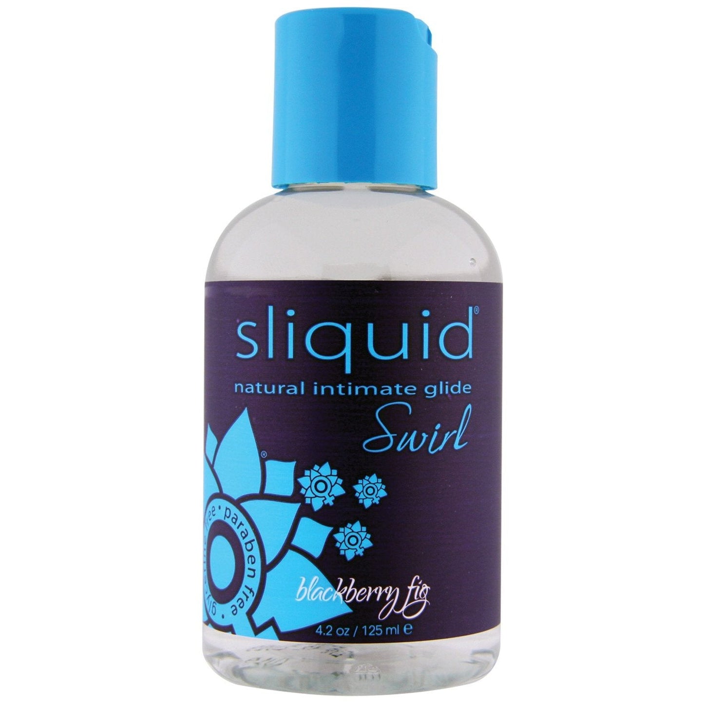 The Sliquid Naturals Swirl Lubricant, 4.2 oz, by Sliquid boasts a vegan-friendly, water-based formula with a floral design on its purple and blue label. Its delicious blackberry fig flavor is both paraben-free and glycerin-free.