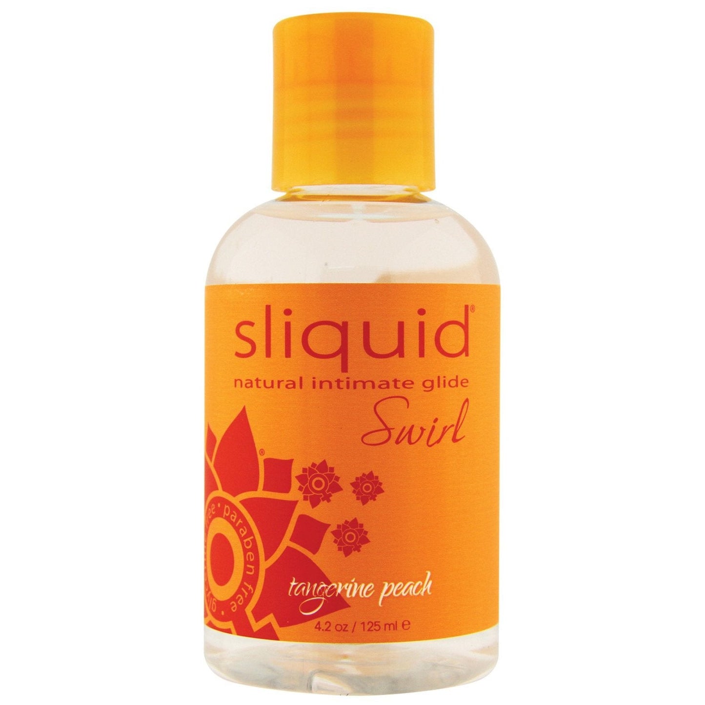 A 4.2 oz bottle of Sliquid Naturals Swirl Lubricant, tangerine peach flavor. This water-based, vegan-friendly lube is paraben-free. The clear bottle features an orange label with a stylized sun design.
