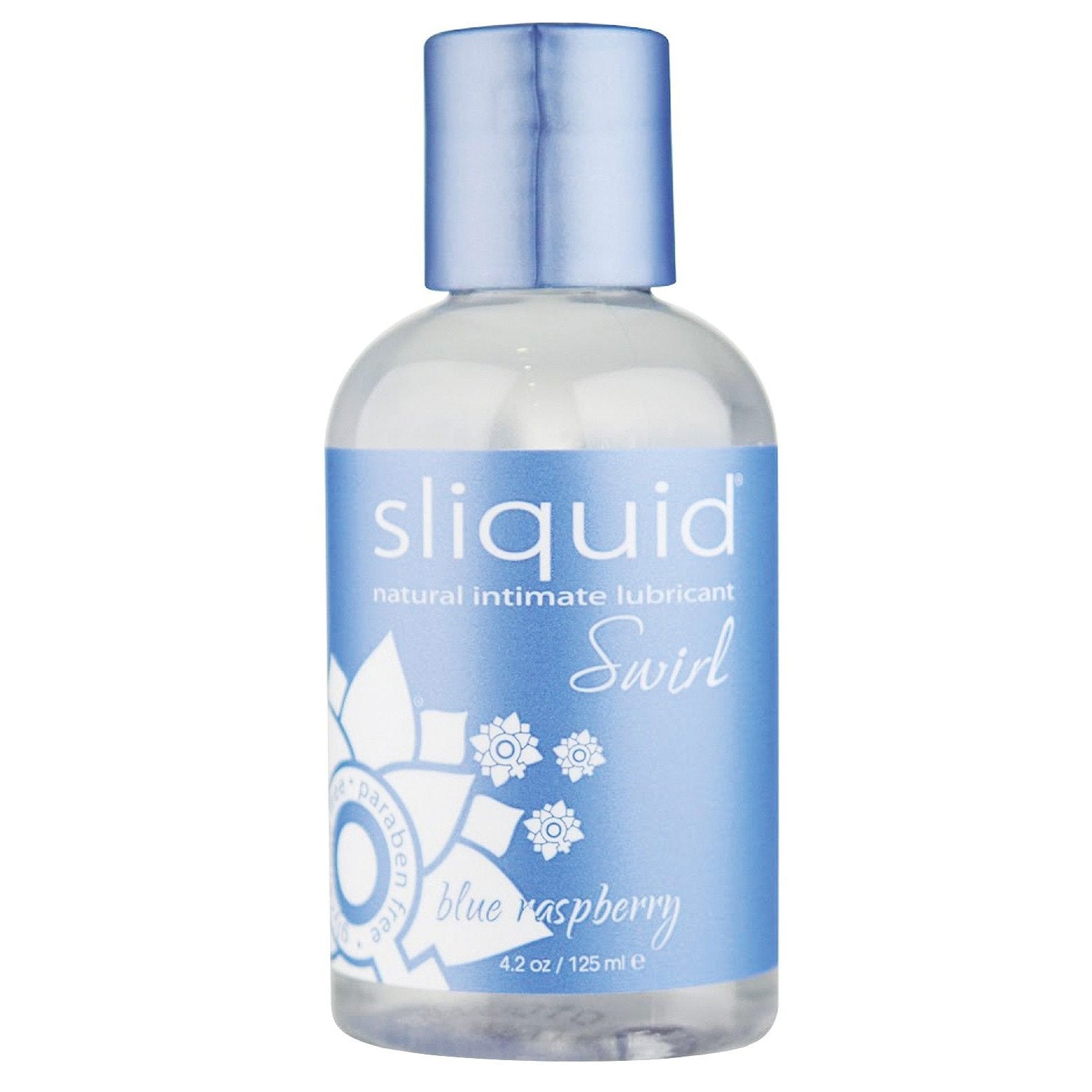 A 4.2 oz bottle of vegan-friendly Sliquid Naturals Swirl lubricant features a blue raspberry flavor, water-based formula, blue label with floral design, and clear plastic cap.